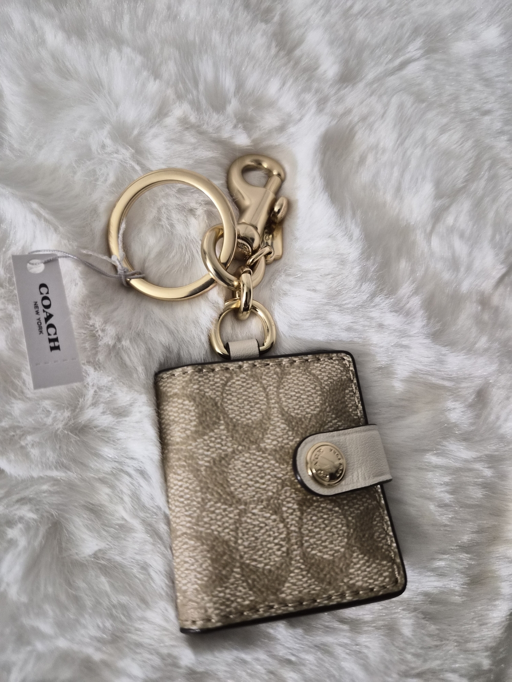 Coach Cream & Tan Logo Signature Card Case Keychain